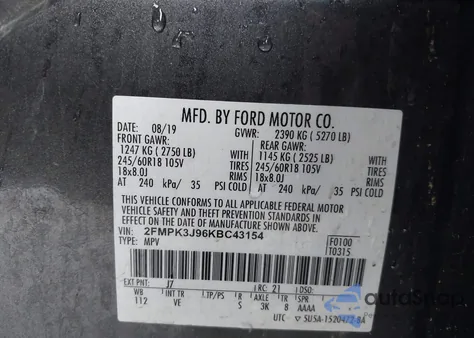 2019 Ford Edge Sel из США, поврежденный, VIN 2FMPK3J96KBC43154